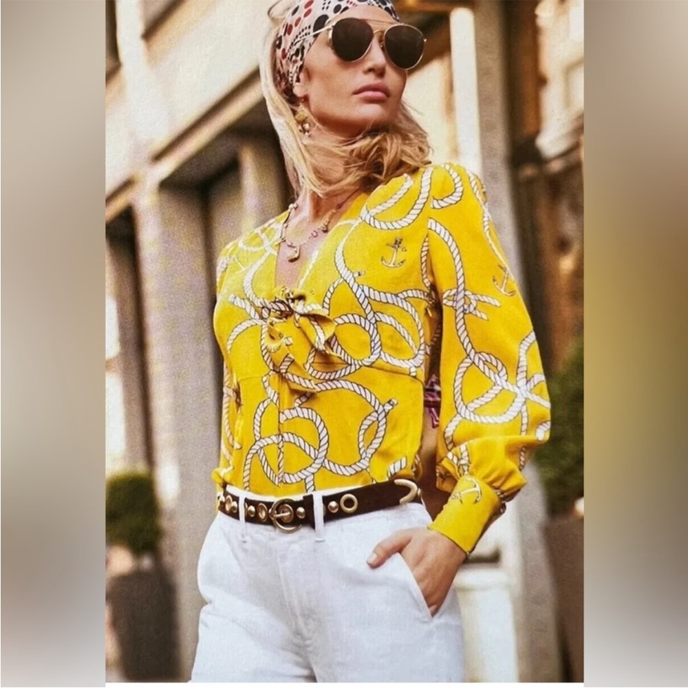 NWT CAbi #5707 Mia Reef Knot Sunny Ropes Yellow Slim Small Long Sleeve Blouse